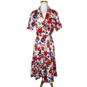 Vintage 80s Silk Floral Faux Wrap Midi Shirt Dress Oleg Cassini Womens Size 6